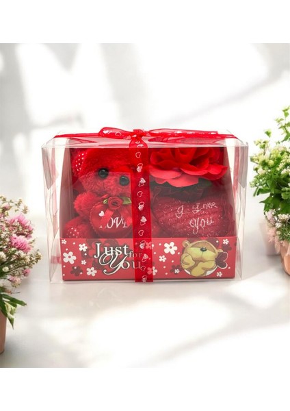Asetat Kutulu I Love You Kalpli Yastık, Kırmızı Çiçek ve Love Yazılı Kırmızı Ayıcık Sevgiliye Hediye fiyatları