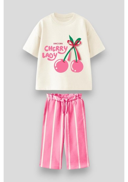 Kız Çocuk Pamuklu Kiraz Desenli T-Shirt ve Pembe Çizgili Bermuda Takım