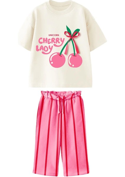 Kız Çocuk Pamuklu Kiraz Desenli T-Shirt ve Pembe Çizgili Bermuda Takım