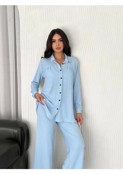 Yakalı Düğmeli Uzun Kollu Gömlek Pantolon Ikili Takım - Bebek Mavisi