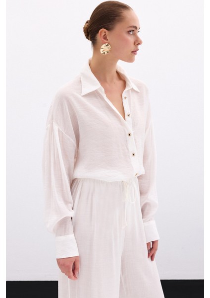 Düğme Aksesuarlı Ince Gömlek - Ekru fırsatları