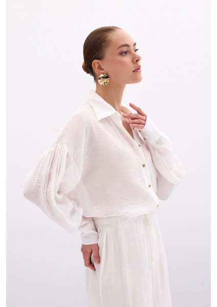 Düğme Aksesuarlı Ince Gömlek - Ekru indirimleri