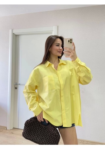 Poplin Kadın Yakalı Yandan Yırtmaçlı Arka Pens Detaylı Gömlek - Sarı