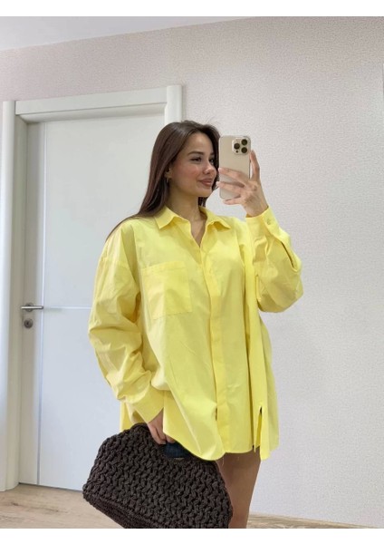 Poplin Kadın Yakalı Yandan Yırtmaçlı Arka Pens Detaylı Gömlek - Sarı