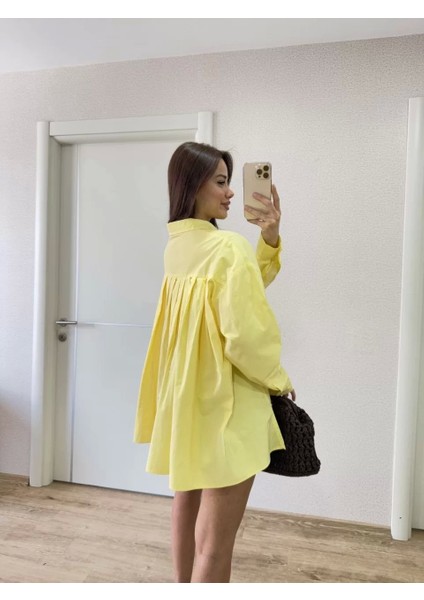 Poplin Kadın Yakalı Yandan Yırtmaçlı Arka Pens Detaylı Gömlek - Sarı