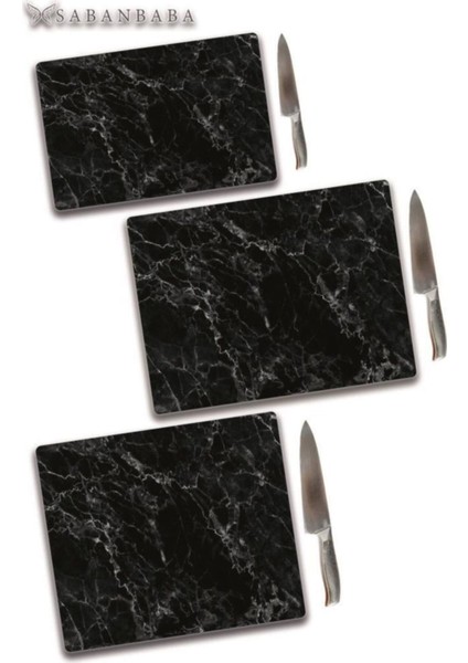 3'lü Takım Cam Kesme Tahtası Siyah Mermer
