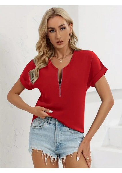 Munn Collection Kadın Kısa Kollu V Yaka Fermuarlı Salaş Sandy Bluz fırsatları