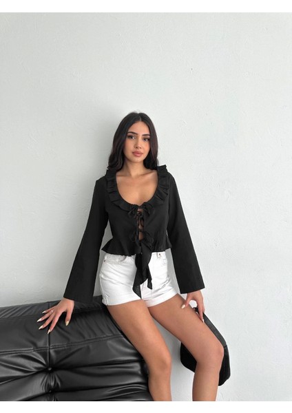Munn Collection Keten Uzun Kol Bağacık Detaylı Bluz - Siyah fırsatları