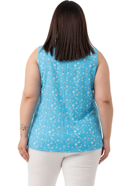 Büyük Beden Çiçek Desenli V Yaka Yanlarda Yırtmaç Detaylı Kolsuz Mavi Bluz modelleri