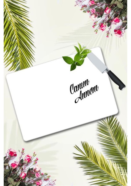 30X40 cm Cam Kesme Tahtası Canım Annem Düz Beyaz