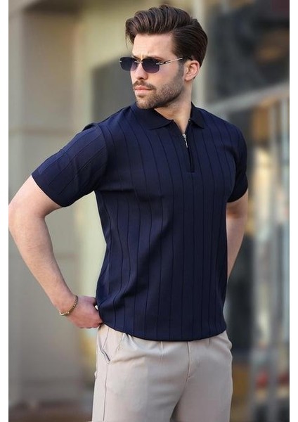 Polo Yaka Çizgili Fermuarlı Erkek T-Shirt