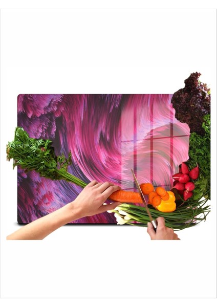 Dekoratif Mor Desenli Desenli Cam Kesme ve Doğrama Tahtası Sunumluk 25 x 35CM