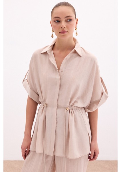 Bel Büzgü Detaylı Gömlek - Bej