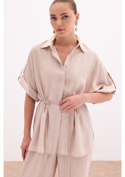 Bel Büzgü Detaylı Gömlek - Bej modelleri