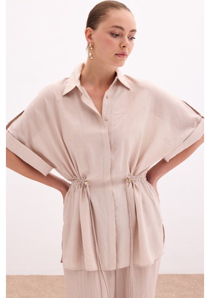Bel Büzgü Detaylı Gömlek - Bej fırsatları