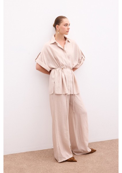 Bel Büzgü Detaylı Gömlek - Bej indirimleri