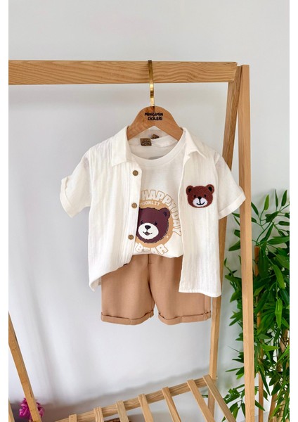 Bear Panç Işleme Detaylı Müslin Erkek 3 lü takım - Beyaz