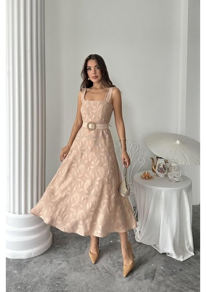 Munn Collection Bej Kuplu Uzun Elbise