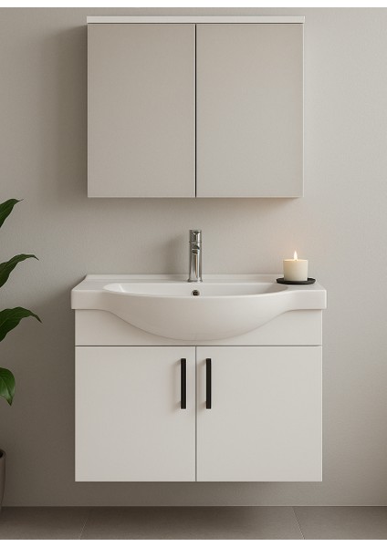 Nova 80 cm %100 Mdf Beyaz Renkli, Oval Seramik Lavabolu, Banyo Dolabı Takımı – Aynalı Üst Modül, Yavaş Kapanır Menteşe