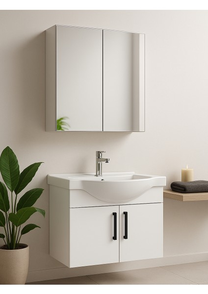 Nova 80 cm %100 Mdf Beyaz Renkli, Oval Seramik Lavabolu, Banyo Dolabı Takımı – Aynalı Üst Modül, Yavaş Kapanır Menteşe