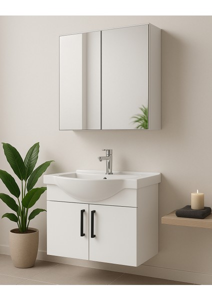 Nova 80 cm %100 Mdf Beyaz Renkli, Oval Seramik Lavabolu, Banyo Dolabı Takımı – Aynalı Üst Modül, Yavaş Kapanır Menteşe