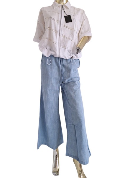 <b>massimo Duttı Rahat Ispanyol Paça Beli Lastikli Bağlama Kot Görünüm Casual Açık Mavi Bol Pantolon<b>