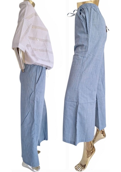 <b>massimo Duttı Rahat Ispanyol Paça Beli Lastikli Bağlama Kot Görünüm Casual Açık Mavi Bol Pantolon<b>