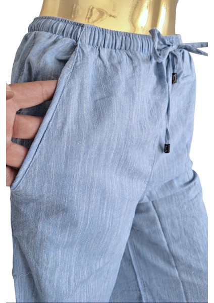 <b>massimo Duttı Rahat Ispanyol Paça Beli Lastikli Bağlama Kot Görünüm Casual Açık Mavi Bol Pantolon<b>