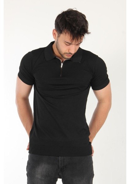 Fermuarlı Yaka Triko T-Shirt