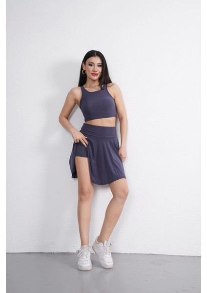Munn Collection Sendy Kumaş Bisiklet Yaka Crop Şortlu Etek Ikili Takım - Antrasit