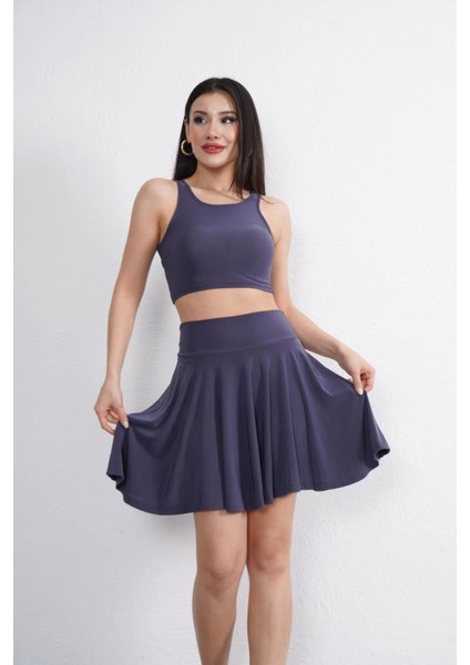 Munn Collection Sendy Kumaş Bisiklet Yaka Crop Şortlu Etek Ikili Takım - Antrasit