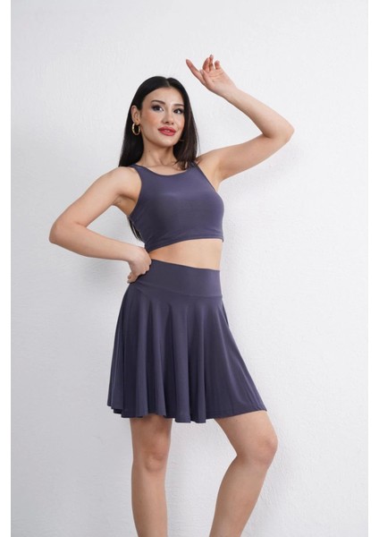 Munn Collection Sendy Kumaş Bisiklet Yaka Crop Şortlu Etek Ikili Takım - Antrasit