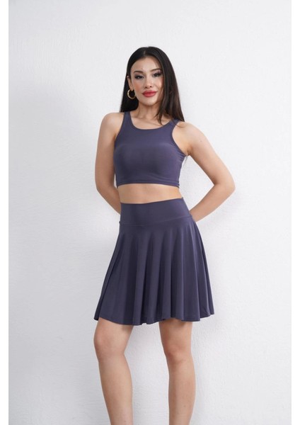Munn Collection Sendy Kumaş Bisiklet Yaka Crop Şortlu Etek Ikili Takım - Antrasit
