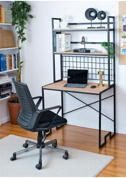 Dekoratif 2 Raflı Metal Çalışma Masası Ahşap Raflı Kitaplık Bilgisayar ve Laptop Masası
