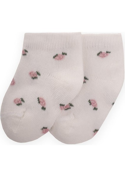 Çiçek Desenli Bebe Patik Çorabı 0-4 Yaş Ekru