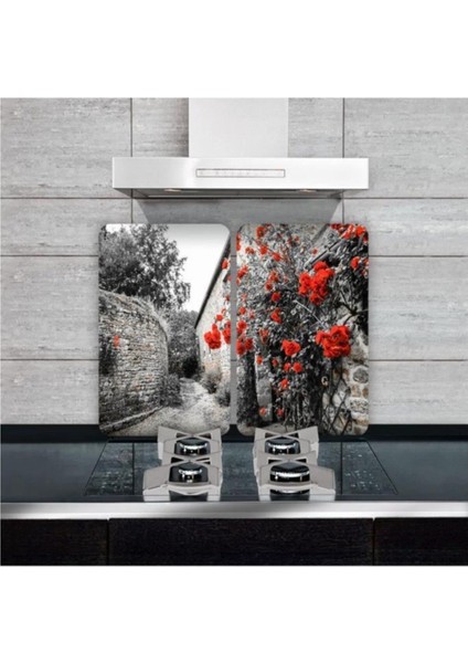 2'li 40X52 cm Cam Ocak Koruyucu 5'li Ocaklar Için Kırmızı Çiçekler