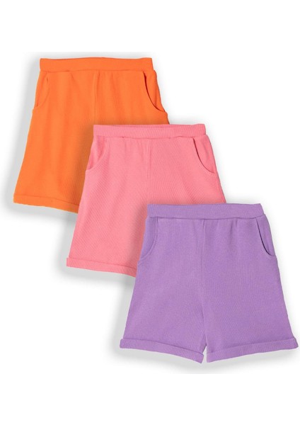 Fitilli Pembe Turuncu Koyu Lila Renk 3'lü Set Kız Çocuk Şort