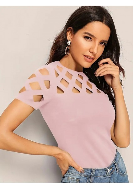 Munn Collection Kadın Kısa Kollu Baklava Desen Lazer Kesim Ithal Krep Bluz