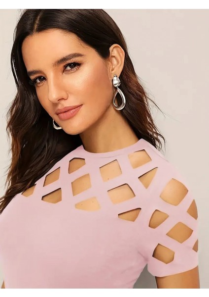 Munn Collection Kadın Kısa Kollu Baklava Desen Lazer Kesim Ithal Krep Bluz fırsatları