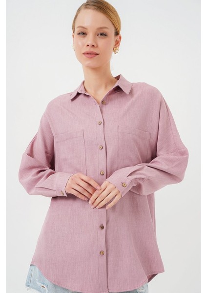 20126 Oversize Keten Gömlek - Gül Kurusu modelleri