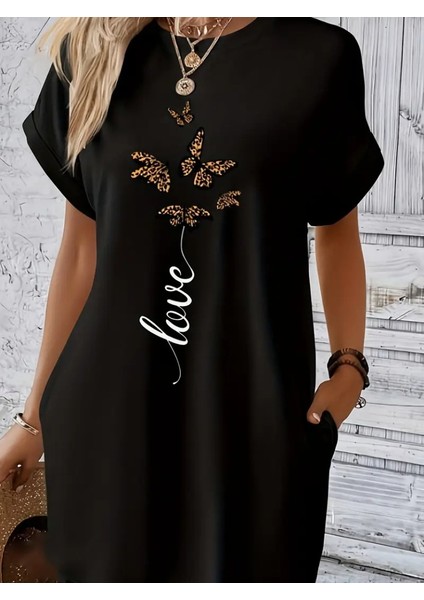 Kadın Kısa Kollu Bisiklet Yaka Cepli Kelebek Baskılı Viskon Elbise fiyatları