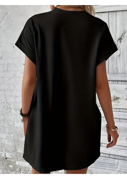 Kadın Kısa Kollu Bisiklet Yaka Cepli Kelebek Baskılı Viskon Elbise modelleri