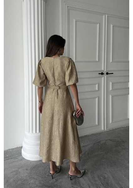 Munn Collection Gold Işıltılı Kemerli Kruvaze Elbise fırsatları