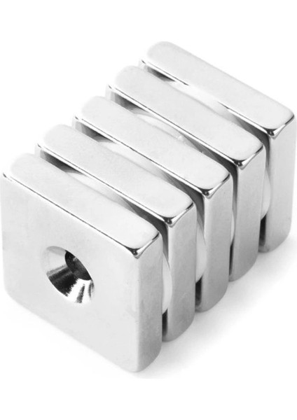 5 Adet, Köşeli, Neodyum Mıknatıs, 20X20X5 Mm, D:10/5 Mm, Havşa Delikli, Güçlü Magnet, N35 Kalite