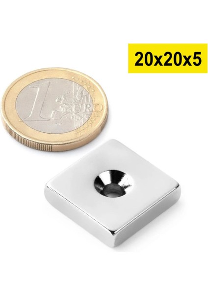 5 Adet, Köşeli, Neodyum Mıknatıs, 20X20X5 Mm, D:10/5 Mm, Havşa Delikli, Güçlü Magnet, N35 Kalite fırsatları