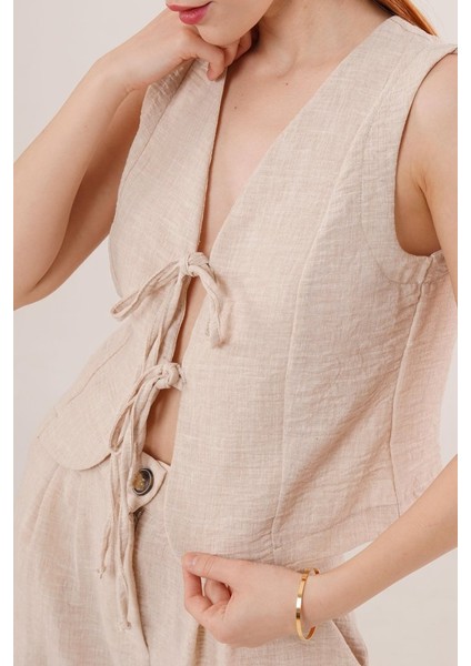 Munn Collection Ön Bağlama Detaylı Yelek ve Pantolon Taş Ikili Takım