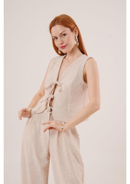 Munn Collection Ön Bağlama Detaylı Yelek ve Pantolon Taş Ikili Takım