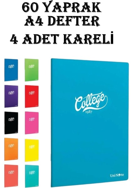 College Defter A4 Okul Defteri 60 Yaprak 4 Adet Kareli Pp Kapak Defter Seti