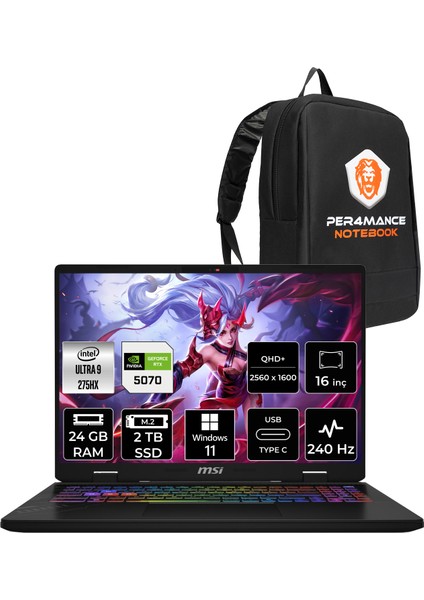 Msı Crosshair 16 Hx Aı Intel Core Ultra 9 275HX 24GB 2tb SSD RTX5070/8GB 115W 16" Qhd+ 240Hz W11P Taşınabilir Bilgisayar & Per4 Çanta D2XWGKG047XTRP394