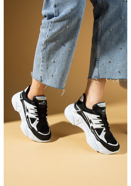 Kalın Taban Bağcıklı Fileli Kadın Sneakers 89-040-25BYAZ